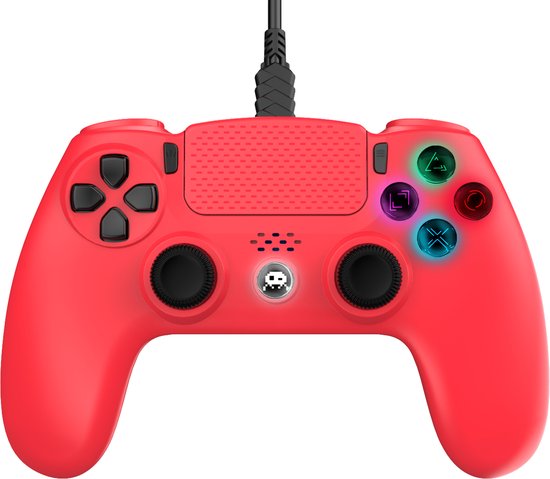 Manette rouge avec des boutons d'action colorés et lumineux, un pavé tactile et un logo d'envahisseur spatial.