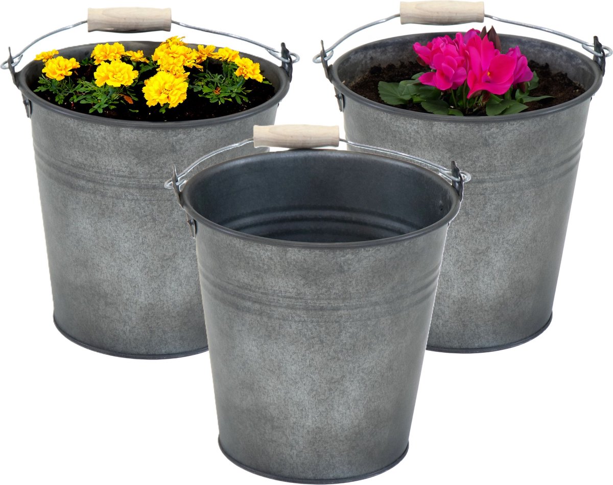 Goedkoopste Mega Collections Emmer/plantenpot/bloempot Eddy - 3x - zink - vintage antraciet - D16 X H14 cm
