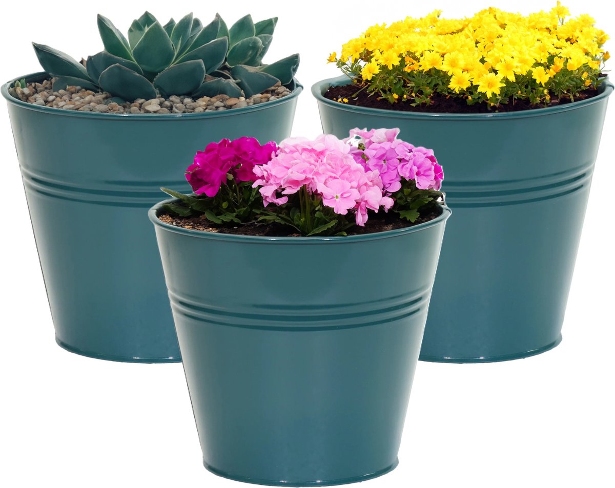 Goedkoopste Mega Collections plantenpot/bloempot Bob - 3x - zink - zeegroen - D11 X H10 cm