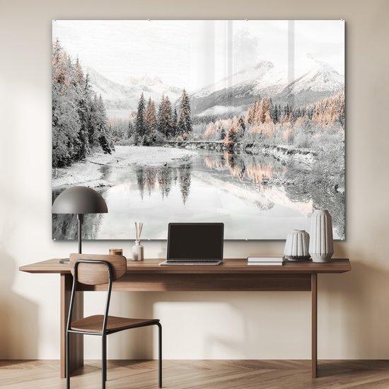 MuchoWow® Peinture sur verre 160x120 cm - Peinture sur verre acrylique - Nature - Hiver - Arbres - Montagnes - Neige - Photo sur verre - Peintures