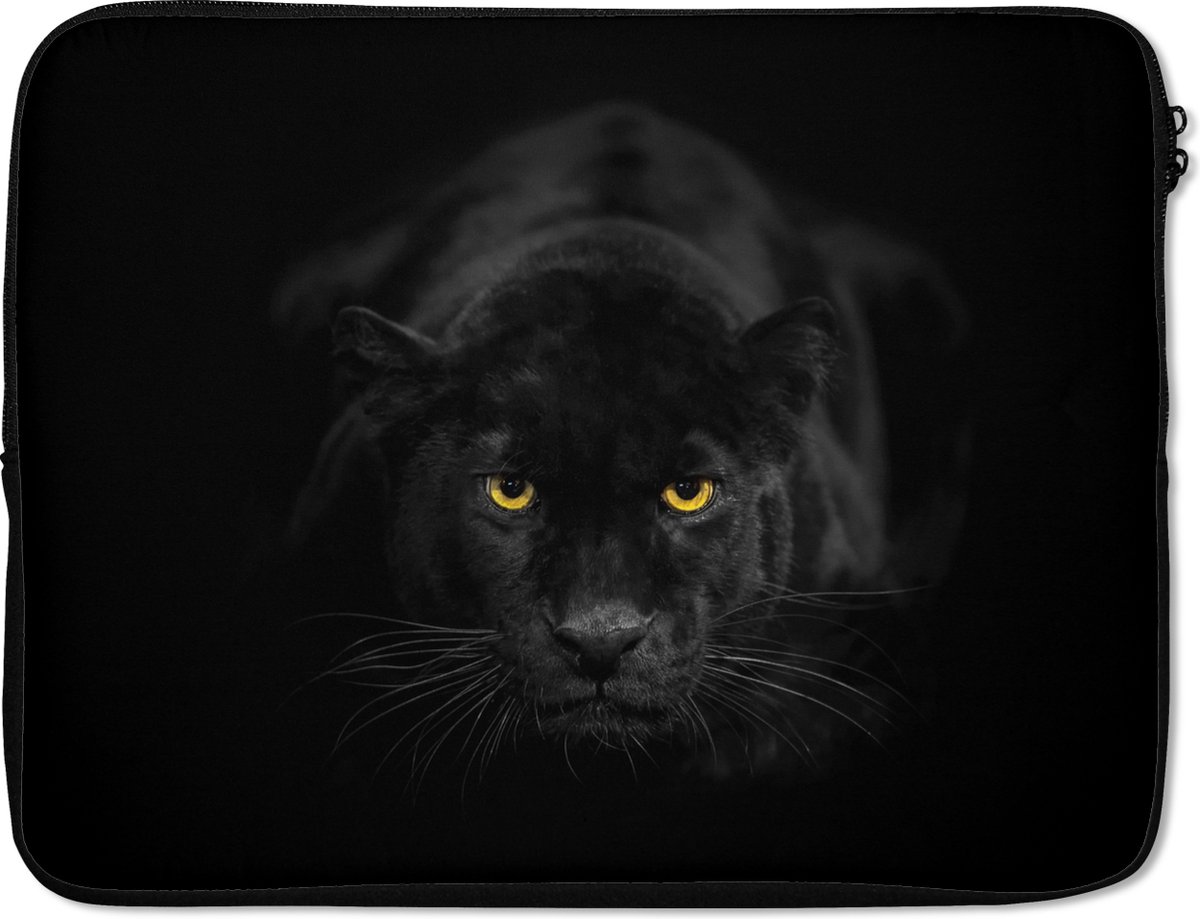 Laptophoes 15.6 inch - Luipaard - Ogen - Zwart - Laptop sleeve - Binnenmaat 37x26 cm - Zwarte achterkant