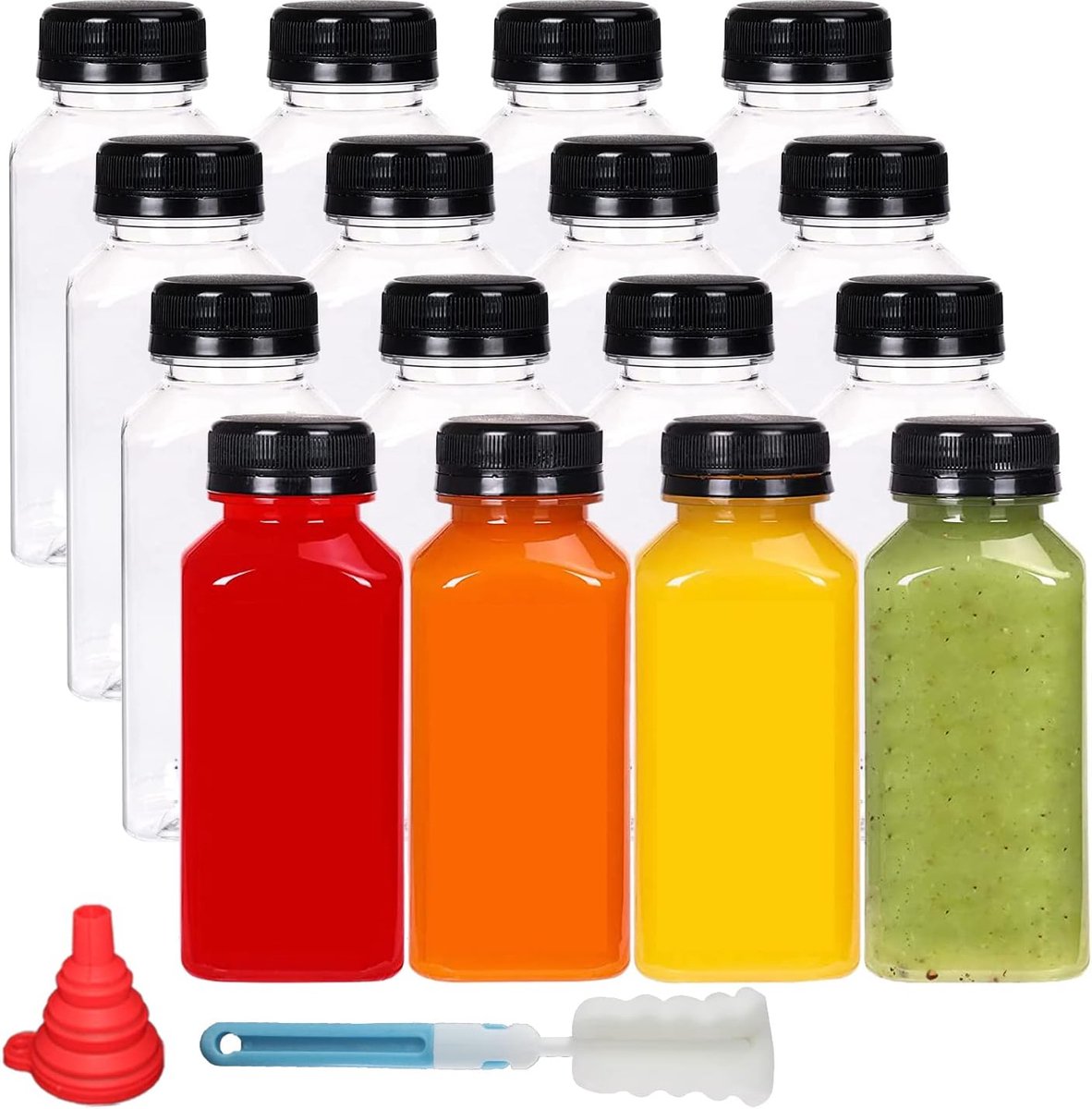 Goedkoopste 16 stuks kunststof sapflessen van 250 ml om te vullen, herbruikbare lege smoothiefles inclusief reinigingsborstel en siliconen trechter, ideaal voor mini-koelkast en sapshots