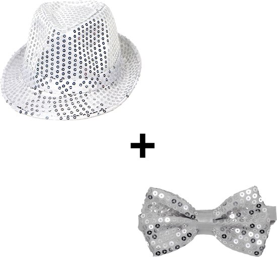 Feest hoedje - Fedora hoed - Gouden strik - Vlinderdas - Disco outfit - Hoofdomtrek 58 cm - Glitter pailletten - Zilver