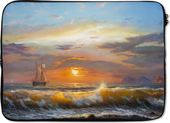 Laptophoes 13 inch - Schilderij - Water - Zeilboot - Olieverf - Laptop sleeve - Binnenmaat 32x22,5 cm - Zwarte achterkant