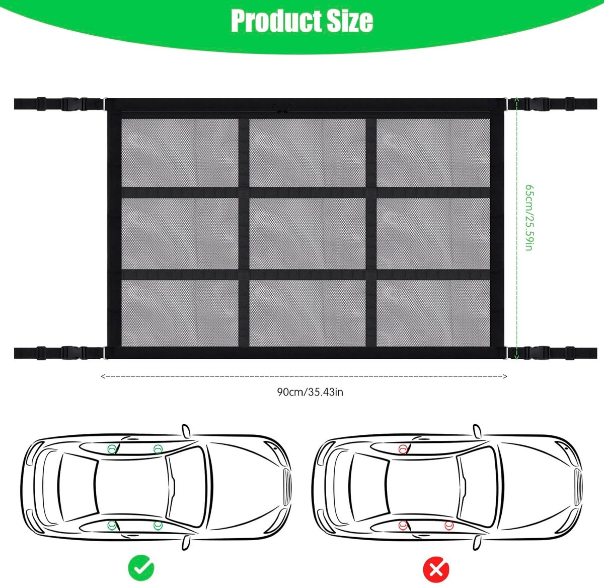 Bagagenet, autodakhemel, universeel bagagenet, autodak, driehoeken, opbergnet, verstelbaar autonet, dakhemel, kofferbak, nettas voor camping, accessoires, SUV, bestelwagen, zwart, 70 x 50 cm