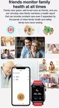 Collectie van familieportretten en screenshots van een app voor familiegezondheidsmonitoring, met een rode en een zwarte smartwatch.