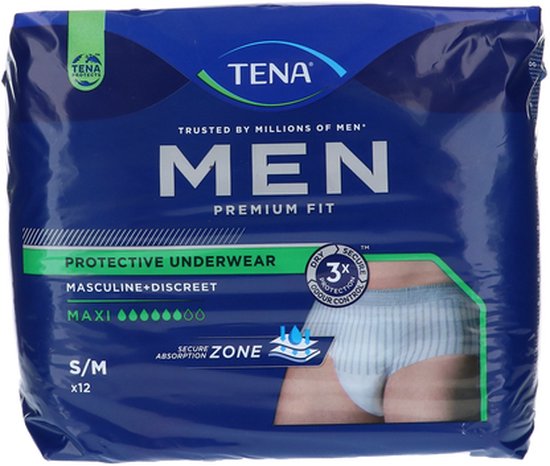 TENA Men Premium Fit beschermend ondergoed, maat S/M, 12 stuks. Blauwe verpakking met groene en witte tekst.