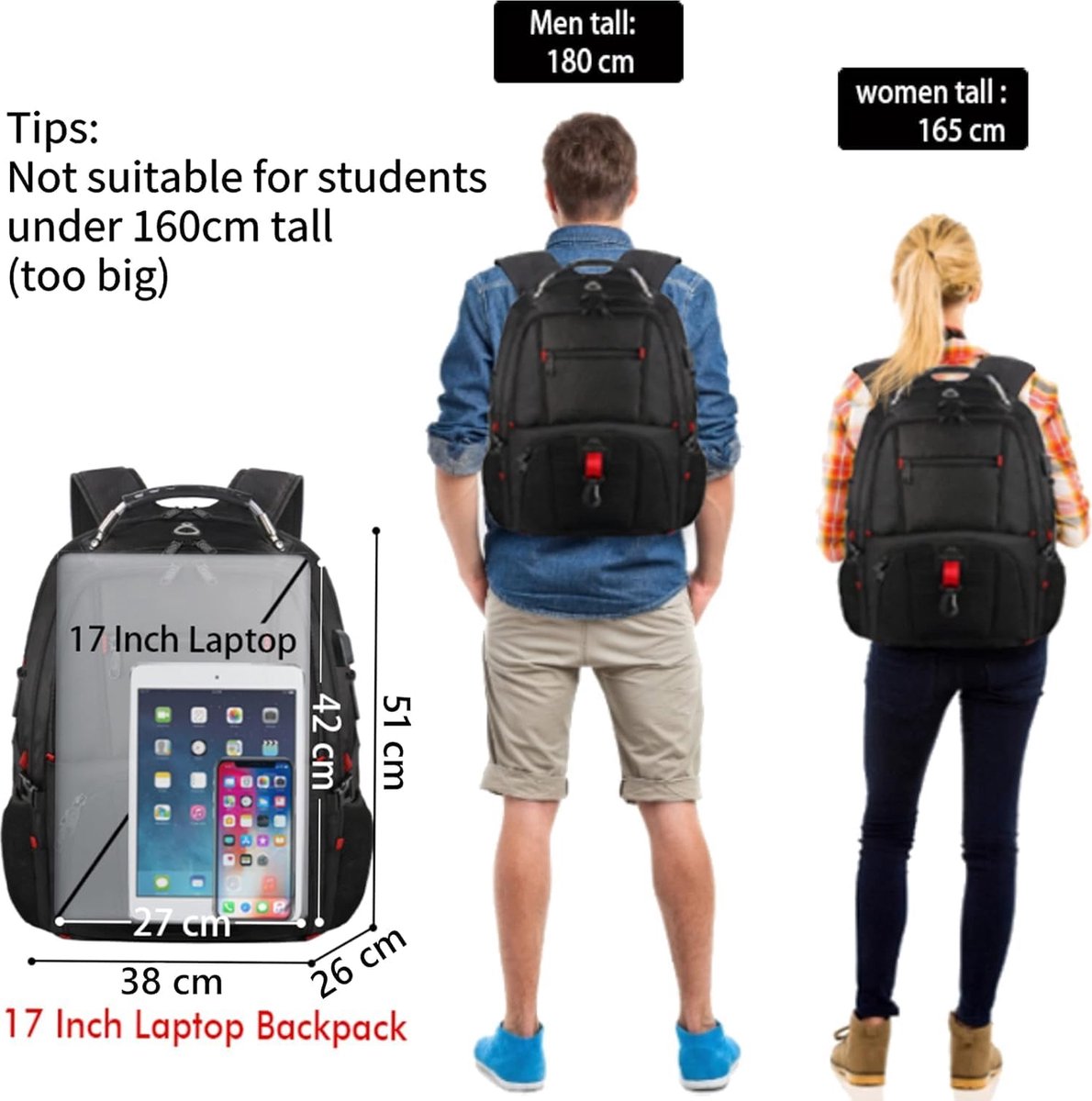Grote Laptop Rugzak Heren, 17,3 Inch Werktas Reizen Rugzak Waterbestendig Antidiefstal met USB Opladen Poort, Antidiefstal Zakelijke Rugzak, Werk School College Rugzak Mannen Vrouwen 50L Zwart