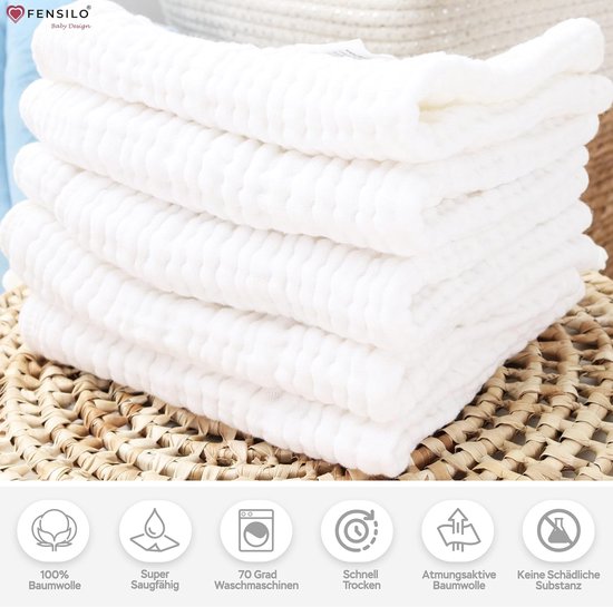 Musseline doeken - FENSILO - Hydrofiele Luiers - Hydrofiele Doeken - 100% Katoenen mousseline - 35 x 50 cm - 5 pack - Wit - Babydoeken, spuugdoeken voor baby's, 6 lagen, absorberende luiers, stoffen luiers van Merkloos — afbeelding 4