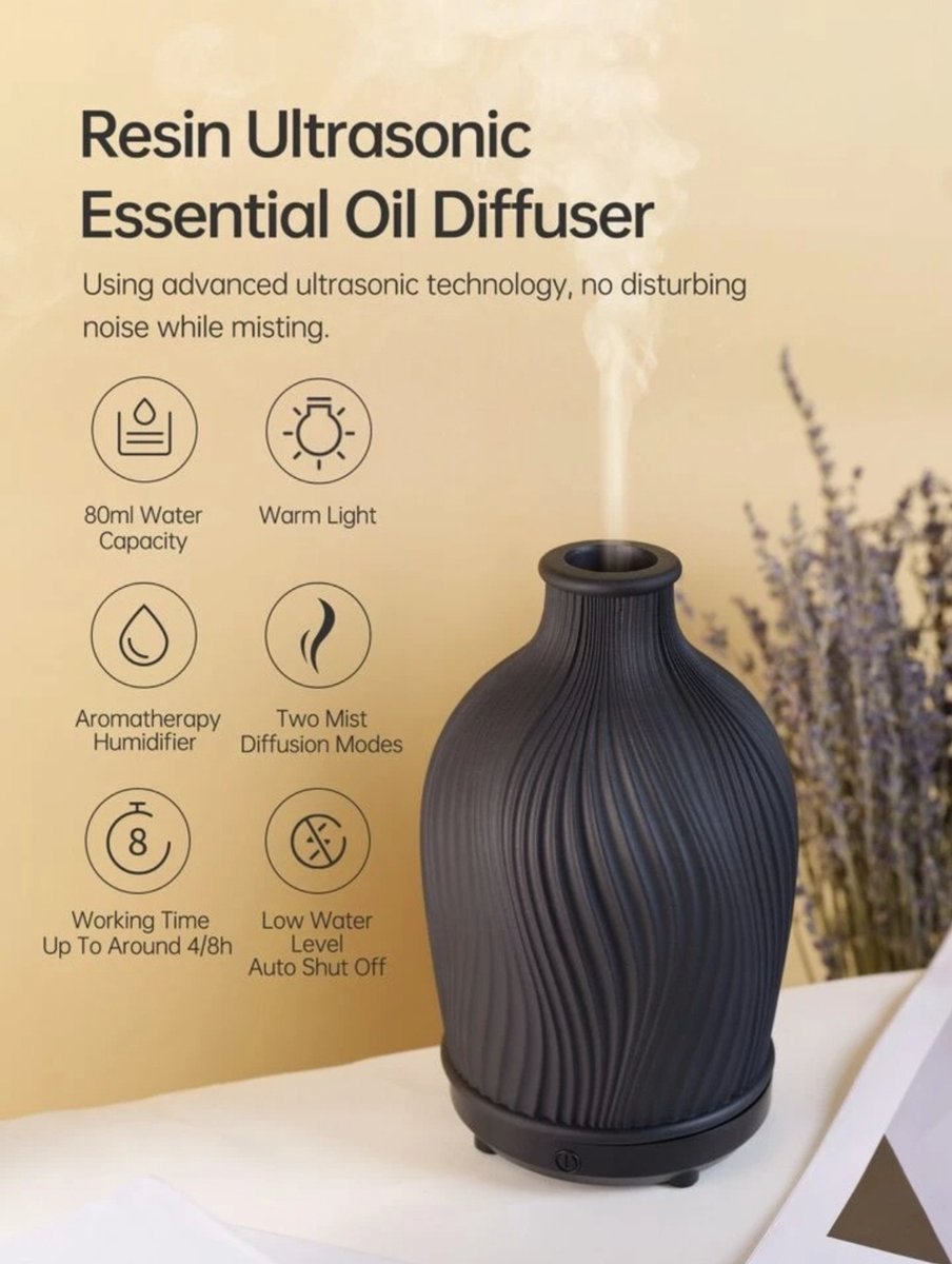 Goedkoopste Resin Aroma Diffuser - Zwart - Warm Licht - 80ml - Ultrasoon - Aromatherapie - Geurverspreider