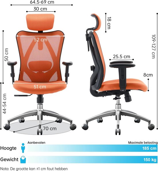 bureaustoel- office chair -Ergonomische bureaustoel - draaist - oel met verstelbare lendensteun, hoofdsteun en armleuning - belastbaar tot 150 kg- Tropische sinaasappel