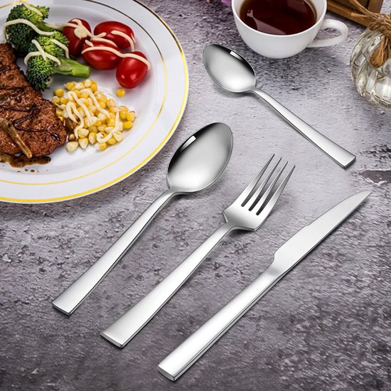 Herogo Bestekset voor 6 personen, 36-delig roestvrij staal bestek met steakmes, zilveren eetbestek met mes, vork lepel, elegant tafelbestek voor thuis/restaurant, vaatwasmachinebestendig en roestvrij