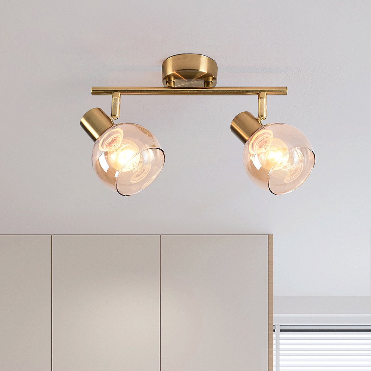 2-lichts plafondlamp in messing goud en amber glas - Phiene