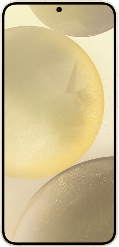 Goudkleurige smartphone met een op bolvormige objecten gebaseerd achtergrondaard.