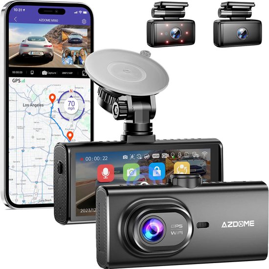 AZDome M560 3CH 4K Wifi GPS 128gb dashcam voor auto - Drie camera's - 4K + Full HD resolutie - 128gb intern geheugen - Parkeermodus