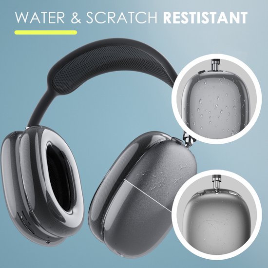 Donkergrijze AirPods Max met doorzichtige hoes, met close-ups die water- en krasbestendigheid tonen.