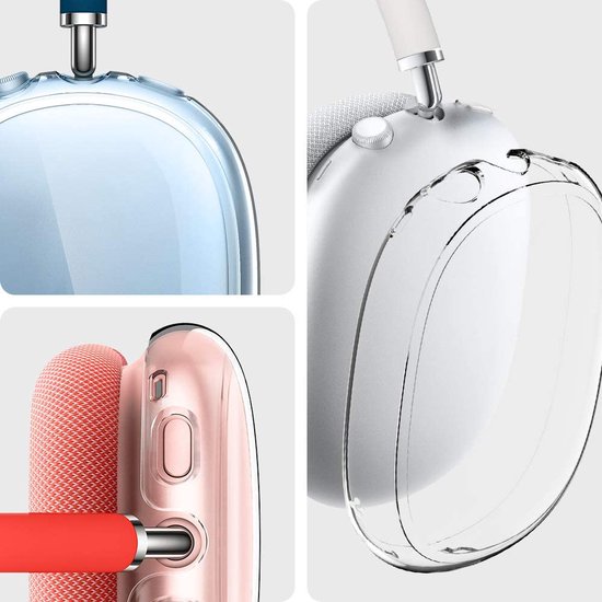 Transparante hoesjes voor AirPods Max in lichtblauw, roze en een close-up van de oorkussens.