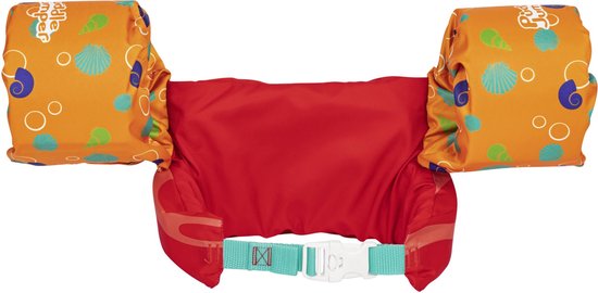Oranje zwemvleugels met blauwe schelpen, gele visjes en rode borstband met mintgroene gesp en band.