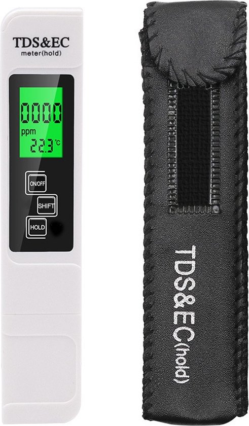 Witte TDS & EC meter met groen display en zwart beschermhoesje met opschrift TDS & EC(hold).