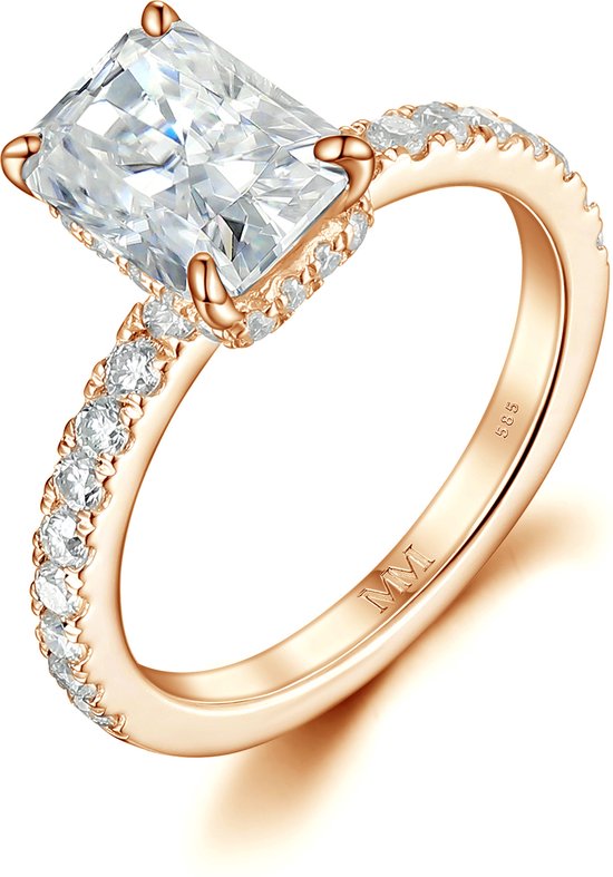 Astra - Ring en or rose 14 carats avec moissanite radieuse et pierres latérales pavées et halo caché - 2,7 carats.