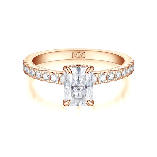 Astra - 18k Roségouden Radiant Moissanite Ring met Pavé Zijstenen & Hidden Halo - 1.2 karaat