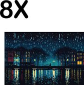 BWK Textiele Placemat - Regenachtige Nacht - Skyline - Illustratie - Set van 8 Placemats - 45x30 cm - Polyester Stof - Afneembaar