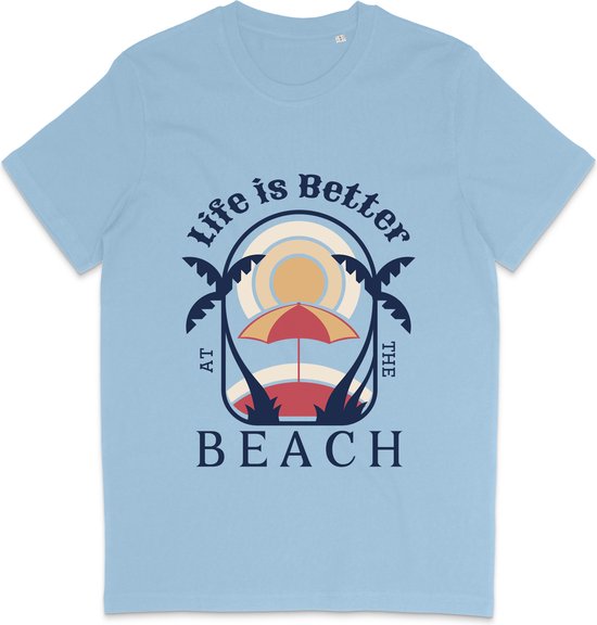 T Shirt Heren Dames - Zomer Ontwerp: Life Is Better At The Beach - Licht Blauw - L