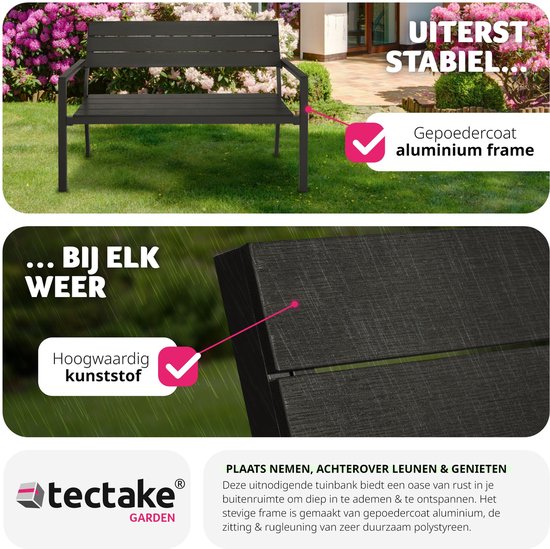 tectake® - Tuinbank - 2-zitsbank met aluminium frame en Hi-Impact latten - Geschikt voor terras, park, balkon, tuinmeubelen en huis - Duurzaam, weerbestendig, eenvoudig te monteren - Max. 250kg - donkergrijs - Tectake