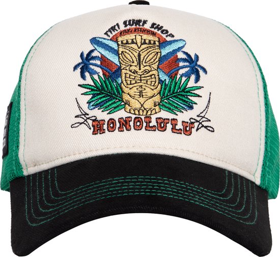 Casquette blanche avec visière noire et côtés en mesh vert, avec imprimé tiki et thème surf.