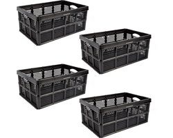 Slimme Stapelbare Vouwkrat 32 Liter voor Georganiseerde Garage - Set van 4 Zwarte Klapkratten met Handgrepen - 48x35x24cm - Multifuntioneel & Durzaam