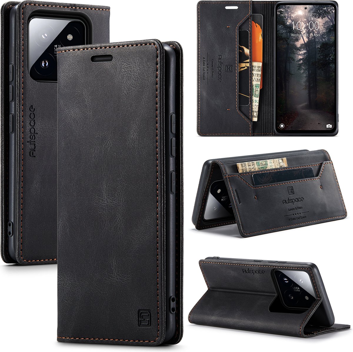 Luxe Flip Case met RFID Bescherming Kaarthouder en Magneetsluiting voor Xiaomi 14 _ Zwart