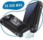 ISHIVA® Solar Powerbank 30000 mah - 22,5W Snellader Powerbank - Ingebouwde Kabels - Powerbank Zonneenergie - USB, USB-C en Draadloos Opladen - vaderdag cadeau