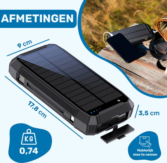 Draadloze powerbank op zonne-energie, 27000 mAh - FEELLE 22,5 W snel opladen, USB-C externe accu met PD 4.0 QC 3.0 USB-uitgang en 4 zonnepanelen voor smartphones en tablets (zwart