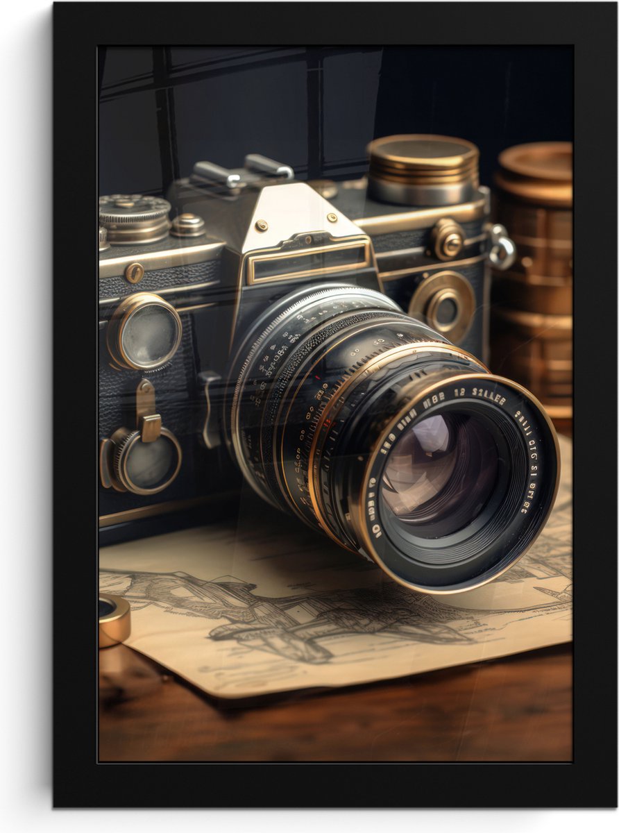 FrameYourWall Poster in lijst - Fotolijst 20x30 cm - Posters - Vintage - Fototoestel - Camera - Papier - Oud - Posterlijst zwart - Decoratie - Wanddecoratie woonkamer - Muurdecoratie slaapkamer