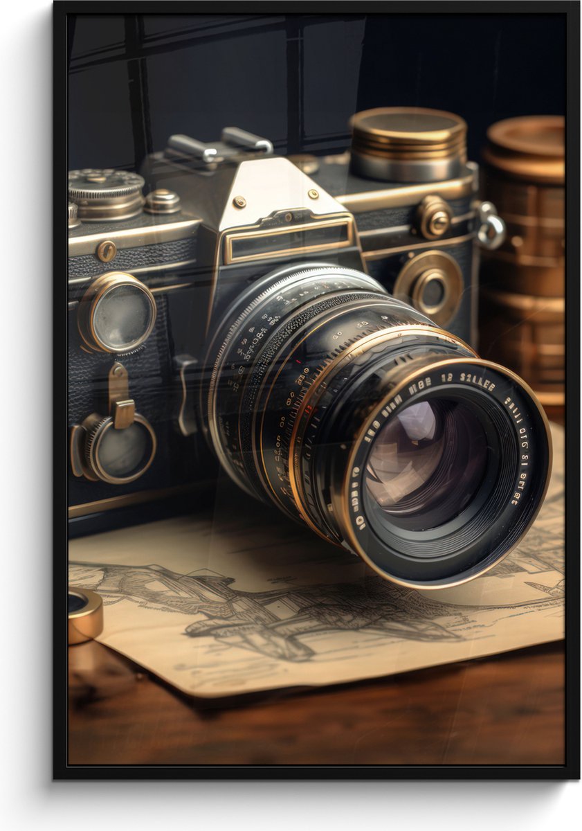 FrameYourWall Poster in lijst - Fotolijst 80x120 cm - Posters - Vintage - Fototoestel - Camera - Papier - Oud - Posterlijst zwart - Decoratie - Wanddecoratie woonkamer - Muurdecoratie slaapkamer
