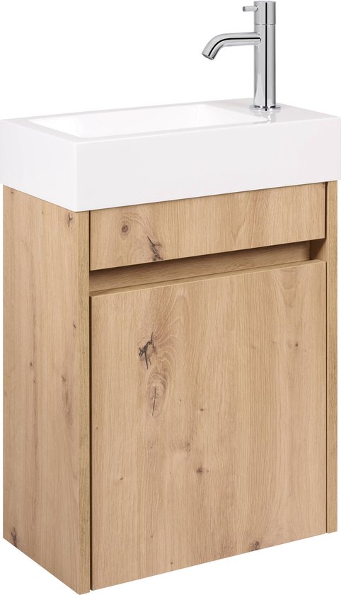 Saqu Florence Toiletmeubel - 40,5x22x59 cm - Voorgemonteerd - in Naturel met Fontein en Kraan Rechts - Fonteinmeubel - WC Kastje - WC Meubel