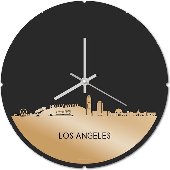 Skyline Klok Rond Los Angeles Goud Metallic - Ø 44 cm - Stil uurwerk - Wanddecoratie - Meer steden beschikbaar - Woonkamer idee - Woondecoratie - City Art - Steden kunst - Cadeau voor hem - Cadeau voor haar - Jubileum - Trouwerij - Housewarming -