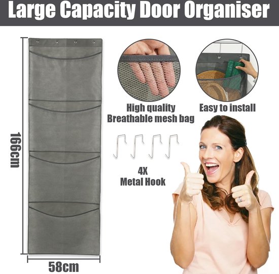 Hangende Organizer met 10 Gaaszakken – Deuropberger met 4 Haken – Hangende Kast Organizer 54,5 x 126 cm voor Slaapkamer, Woonkamer en Badkamer