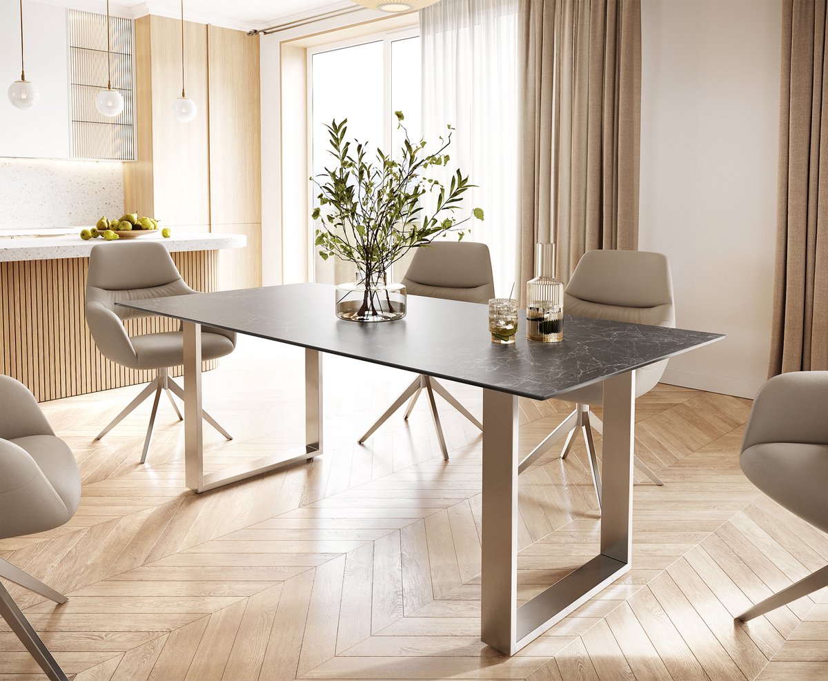 DELIFE Eettafel Edge keramiek Laminam® Nero Greco grijs 200x100 roestvrij staal smal