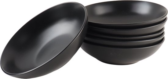 OTIX Bordenset - 6 stuks - Diepe Borden - Soepborden - Zwart - Mat - diameter 20,5cm - Aardewerk - IVY