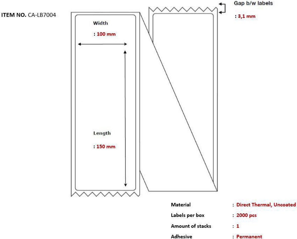 Verzendlabel 100 x 150mm, Direct Thermisch, Ongestreept, Zigzaggevouwen. 2000 labels per doos