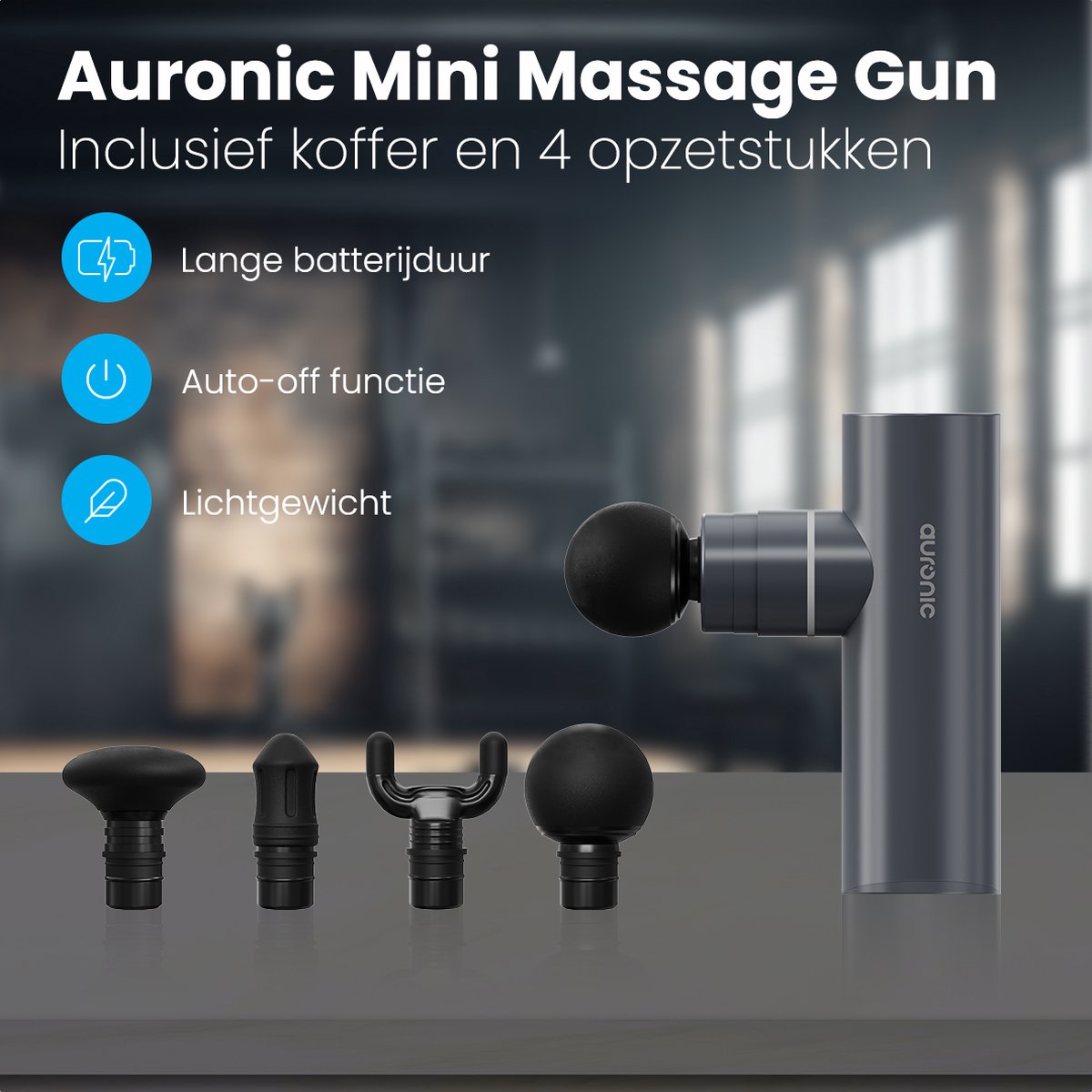 Afbeelding 2 van Auronic Massage Gun voor Spierherstel en Ontspanning - Met Koffer en 4 Opzetstukken - Professioneel Massage Pistool - Massage Apparaat voor Rug, Nek, Schouders en Meer - Mini - Fitness - Grijs