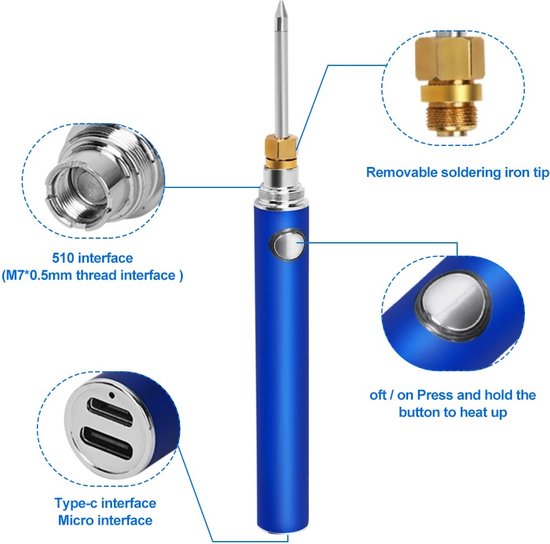 Fer à souder - Fer à souder électrique sans fil - Fer à souder professionnel - Rechargeable - Température réglable - Blauw