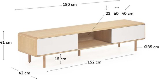 Kave Home - Anielle TV-meubel van massief essen & essenfineer met 2 deuren, 180 x 41 cm
