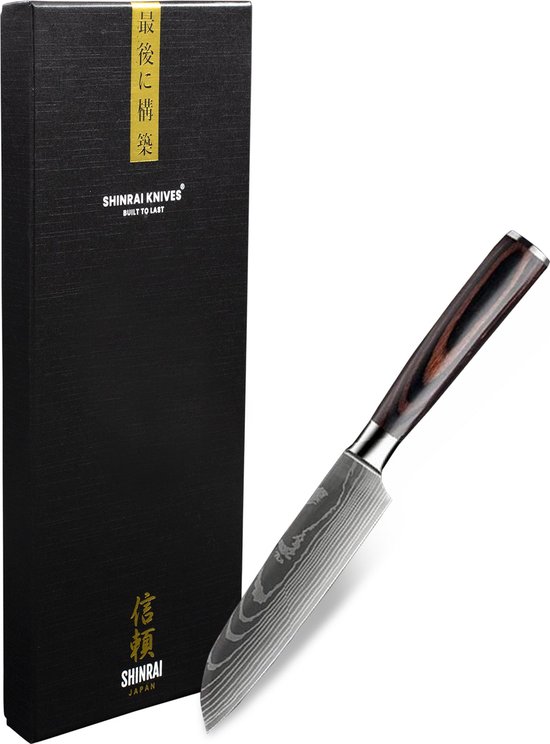 Foto: Shinrai japan japans santokumes 13 cm koksmes damascus mes damascus print met luxe geschenkdoos