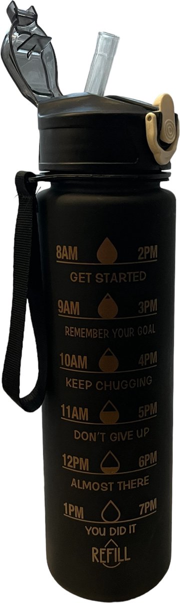Motivatie Drinkfles 800 ml - Waterfles met Tijdsmarkering - Drinkfles met Rietje - Motivational Water Bottle - Sportfles - Lekvrije Bidon - Waterfles met Koord - Fitness Drinkfles - BPA Vrij - Zwart met Gouden Opdruk — afbeelding 4