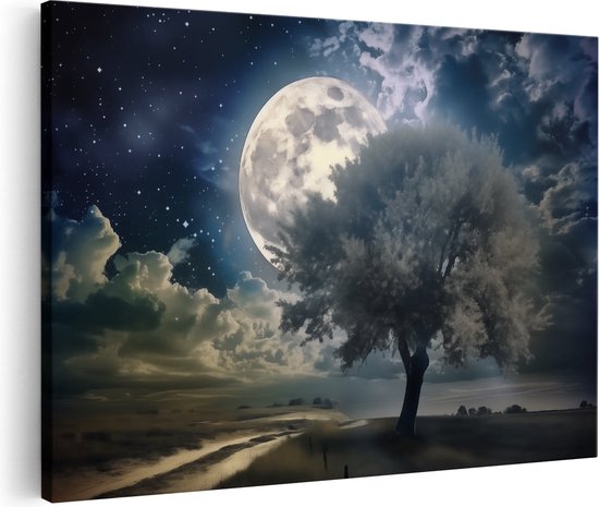 Artaza Canvas Schilderij Volle Maan boven een Boom - 30x20 - Klein - Foto Op Canvas - Canvas Print