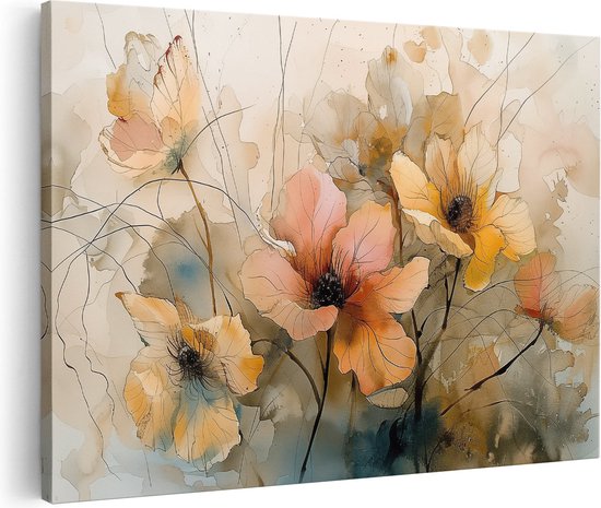 Peinture aquarelle de fleurs pastel aux tons doux d'orange, de jaune et de rose, avec une texture de toile visible.