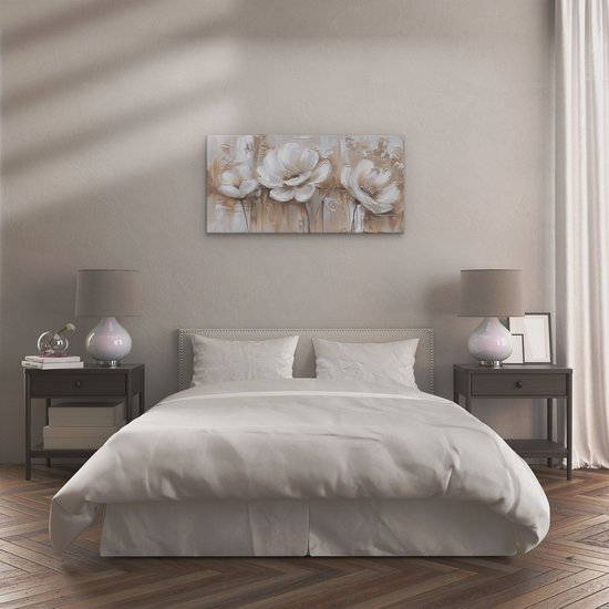 Artaza Peinture sur Toile Trois Fleurs Witte sur Fond Beige - 120x60 - Groot - Photo sur Toile - Impression sur Toile