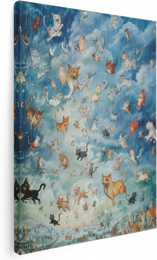 Artaza Canvas Schilderij Kunstwerk van Katten die in de Lucht Vliegen - 30x40 cm - Klein - Wanddecoratie Woonkamer - Schilderijen - Muurdecoratie